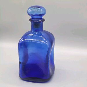 Vintage Cobalt Blue Glass Decanter with Stopper 9"h x 4"Square Dimpled Sides